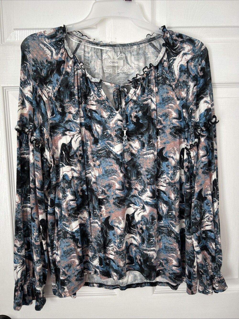 CUPIO Women’s Long Sleeve Ruffled Floral Print Blouse Top Size XL Blue